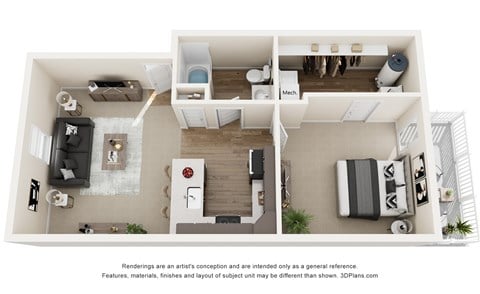 Floor plan for 1 bed, 1 bath, 760 sqft